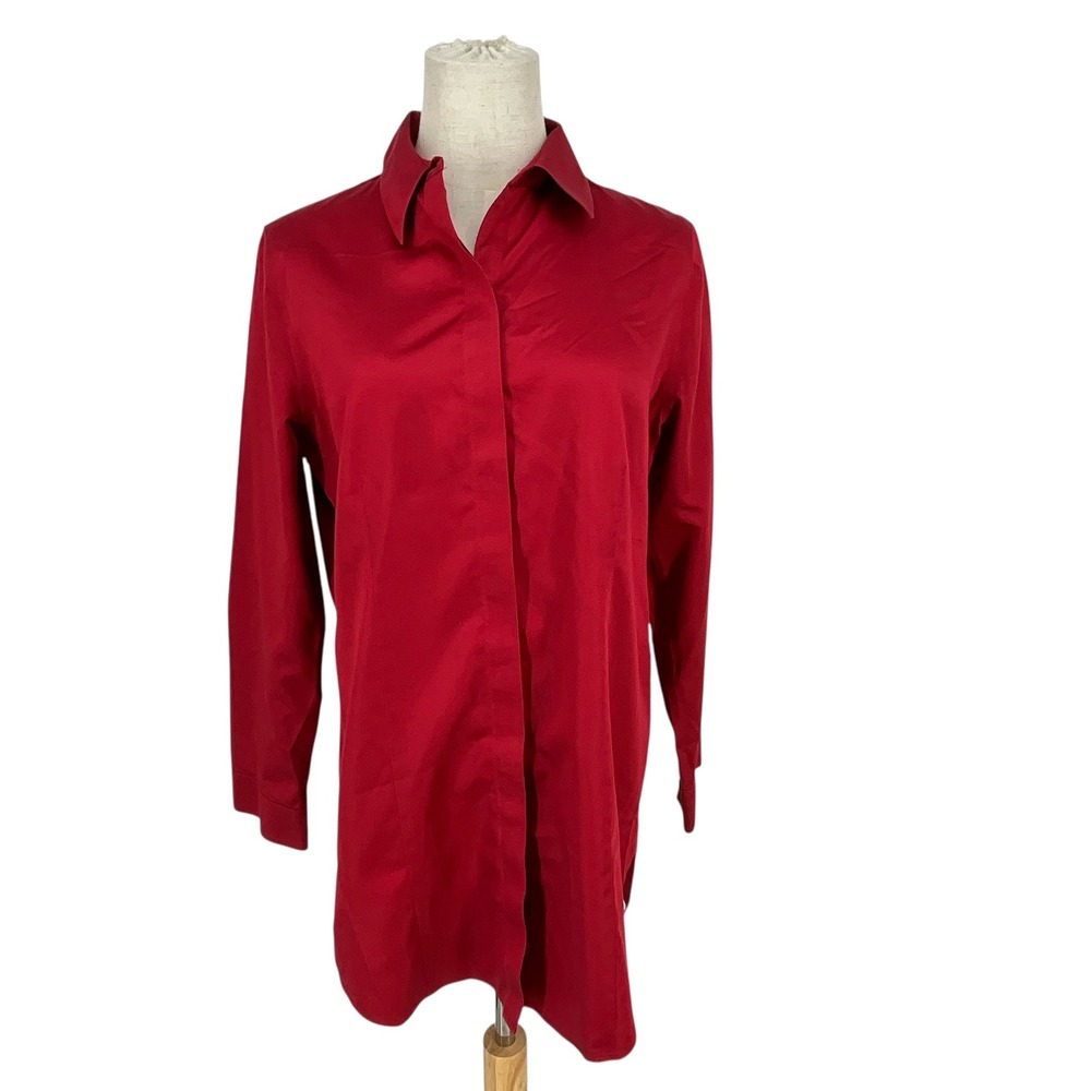 Chico's‎ No Iron Red Cotton Button Up Shirt Size 0 Long Sleeve